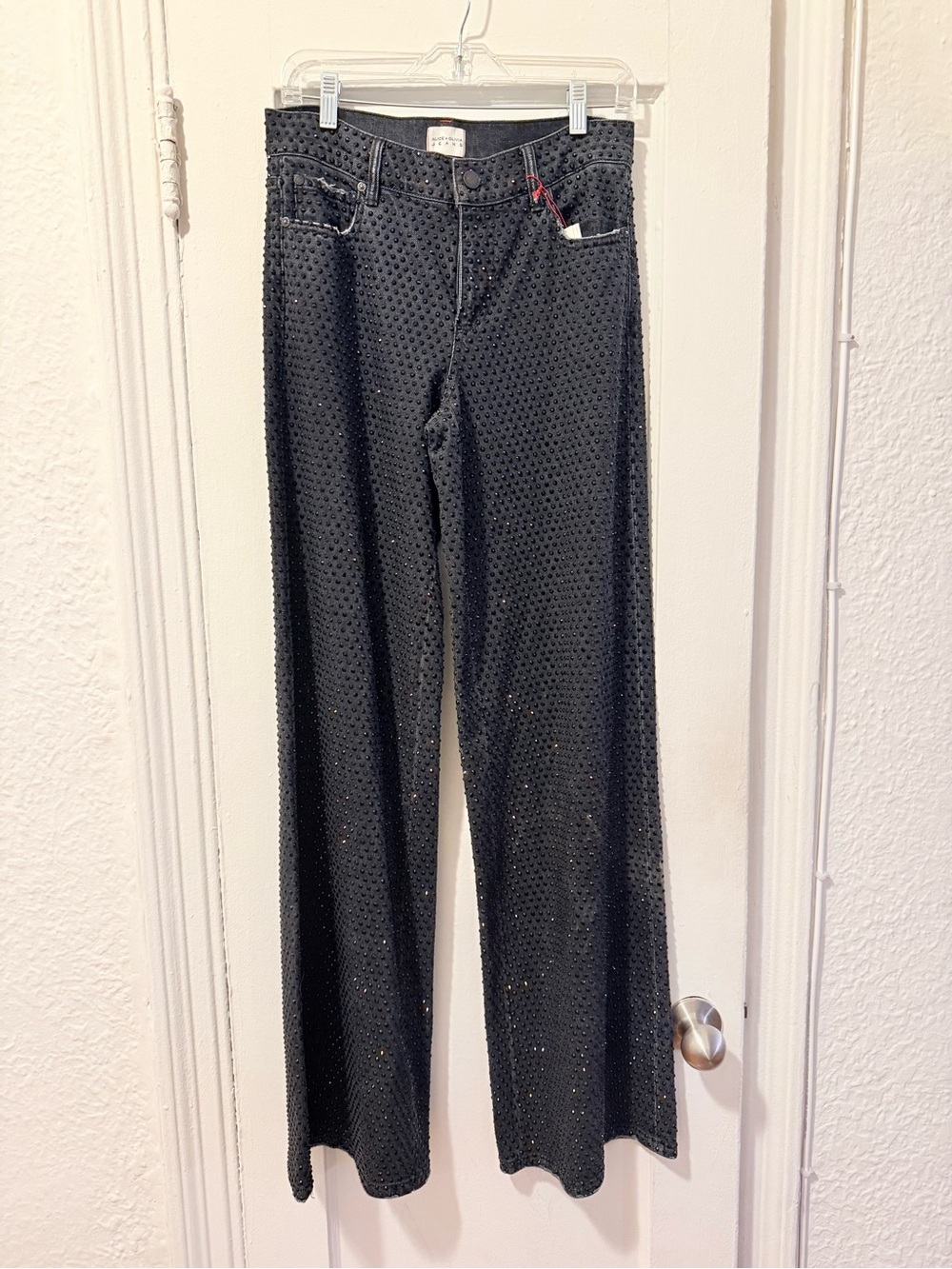 Alice + Olivia Trish Black Wide Leg Crystal Rhinestone Jeans